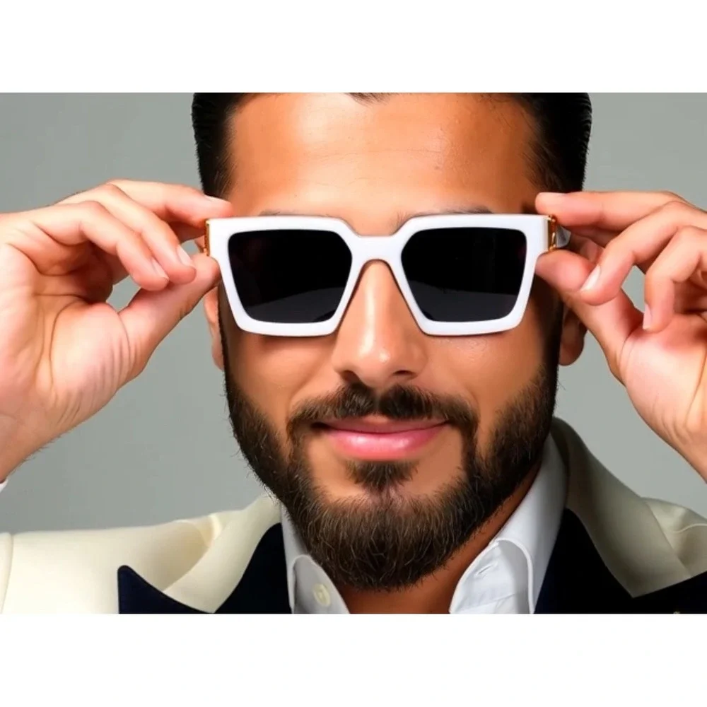 Oversized Square Sunglasses Men‎ White Frame Black Lens Gold Accents Fashion